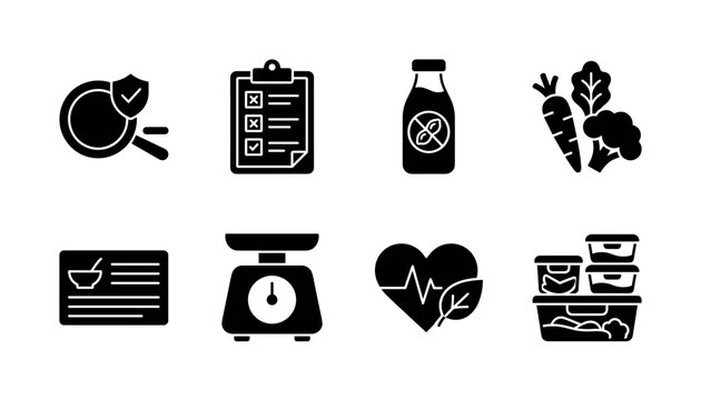 Healthy Intolerance Friendly Recipes. Filled icon set of Healthy Intolerance Friendly Recipes: safe cooking pan, allergy checklist, soy free bottle, organic vegetables, recipe card, kitchen scale,
