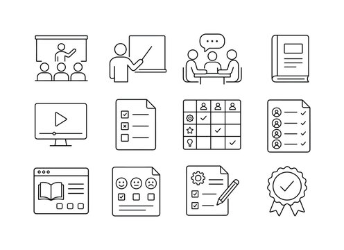 Workplace training programs. Line outline icon set of Workplace training programs: training room, instructor pointer, team workshop, workbook, video lesson, quiz form, skills matrix, attendance sheet,