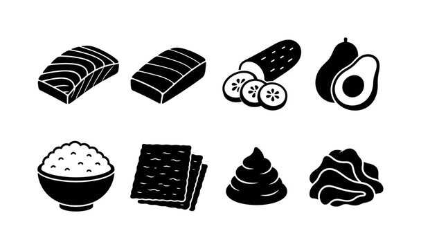 Fresh Sushi Ingredients. Filled icon set of Fresh Sushi Ingredients: salmon fillet, tuna slice, cucumber, avocado, rice bowl, seaweed sheet, wasabi mound, ginger slices. Solid icons set. All icons in