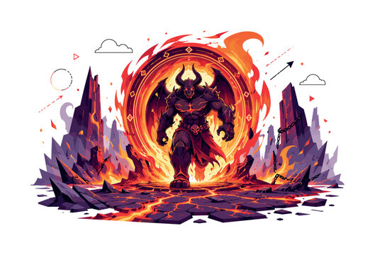 Demon Emerging from a Portal in a Fiery Wasteland. A towering demon steps through a blazing portal as molten cracks spread across the scorched ground. Swirling flames, drifting embers, and jagged rock