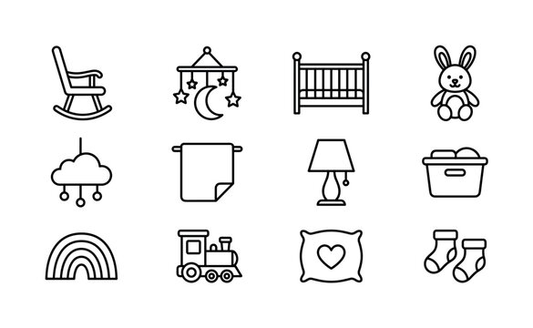 Cute nursery and baby decor. Line outline icon set of cute nursery and baby decor: rocking chair, moon and stars mobile, crib bed, plush bunny toy, hanging cloud, baby blanket, nursery lamp, storage