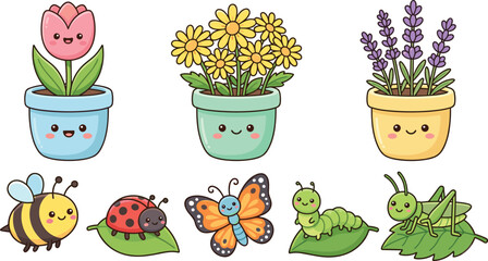Fototapeta premium Cute garden character collection, kawaii flowers and insects, adorable nature mascots, colorful vector illustration bundle