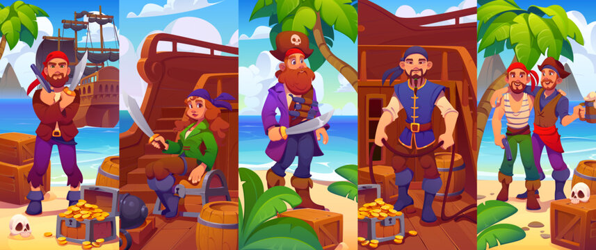 Cartoon pirate and corsair sailor characters collage. Adventurous crew with captain, female pirate with cutlass and crewmates with weapons. Vertical layouts for mobile game loading screens
