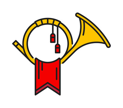 Heraldry golden horn color line icon or sign. Royal crest outline pictogram, antique Coat of Arms icon. Ancient heraldry symbol
