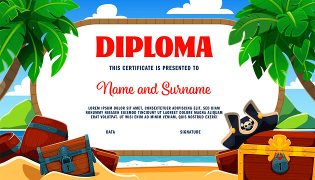 Kids pirate diploma certificate with tropical beach, treasure chest, wooden barrels, pirate hat, palm trees, sandy shore and calm blue sea. Playful award and celebration frame for young adventurers
