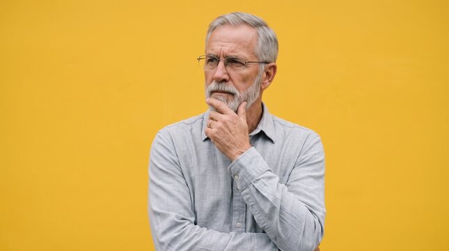 Elderly bearded man in glasses wearing blue shirt looking sideways with hand on chin on yellow background, thinking