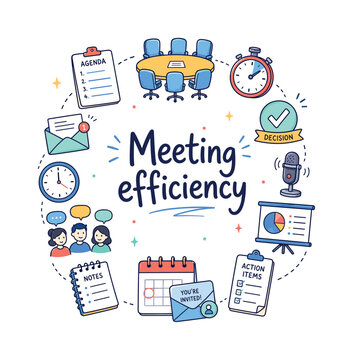 Meeting efficiency. Hand drawn illustration of Meeting efficiency. conference table, agenda sheet, stopwatch, decision checkmark, microphone, presentation screen, action items, calendar invite, note
