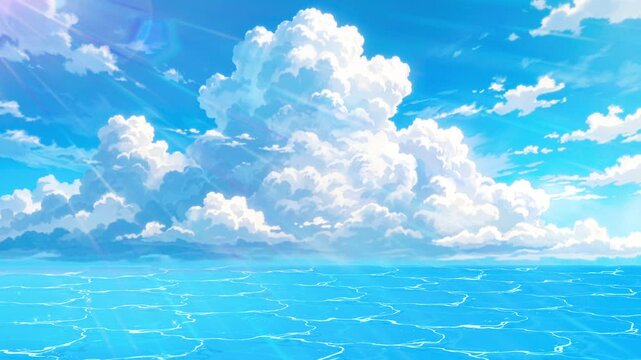 入道雲と日差しが降り注ぐ夏の空と海のアニメ背景