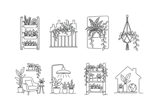 "Compact Green Apartment Design". Minimalistic set one-line drawing [vertical herb rack, balcony railing planter, indoor fern wall, macrame hanging pot, cozy chair by plants, grow light, apartment