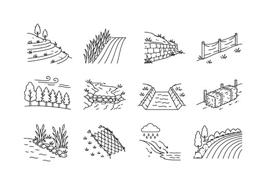 Erosion control methods. Line outline icon set of Erosion control methods: hillside terrace, grass strip, retaining wall, silt fence, windbreak trees, check dam, drainage channel, straw bale,