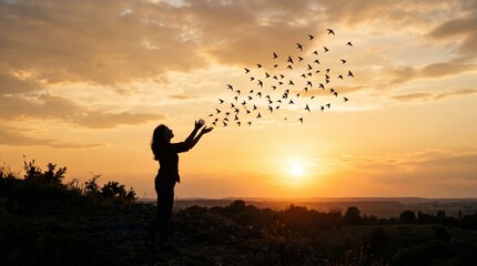 Fototapeta premium Woman silhouette releasing birds into sunset sky