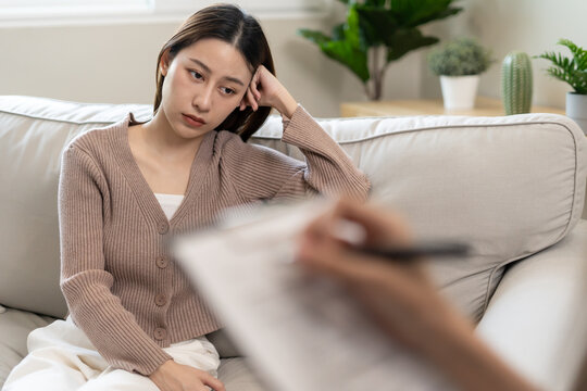 woman with mental health problems is consulting. psychiatrist is recording the patient's condition for treatment. encouragement, love and family problem, bipolar , depression patient, protect suicide