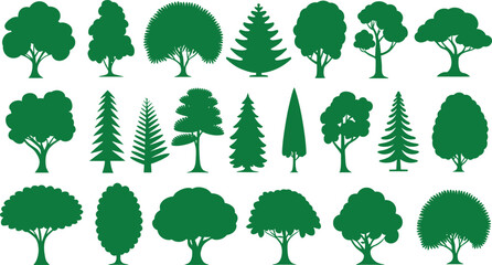 Collection of various green tree silhouettes on transparent background. © Mst Insanara Begum