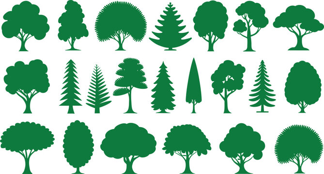 Collection of various green tree silhouettes on transparent background.