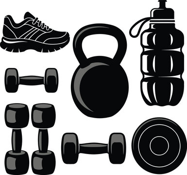 Set of 7 vector fitness icons, sports equipment isolated on transparent background.