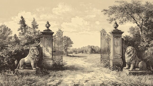 Ornate wrought iron gate with lion statues in vintage engraved style for design projects.