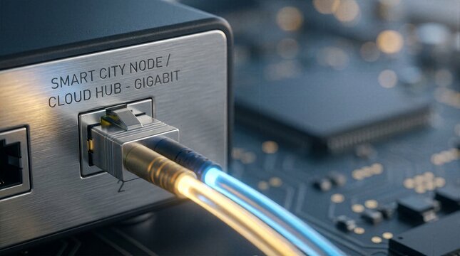 High speed gigabit cloud hub connection with dual glowing fiber optic cables on motherboard background