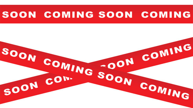 Red and White Coming Soon Graphic Design with Crossing Diagonal Ribbons on Plain Background