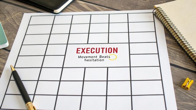 Creative workspace with execution plan and motivational quote emphasizing action over hesitation for productivity and success
