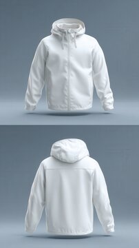 Stunning photo of blank white windbreaker jacket mockup, front and back view.
