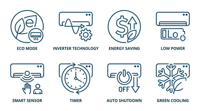 Air conditioner functions line icon set with smart climate control, energy saving, and green cooling technology symbols
