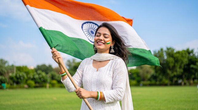 Happy young woman wearing traditional white dress weaving indian flag outdoor at park, celebrating Independence day or Republic day.