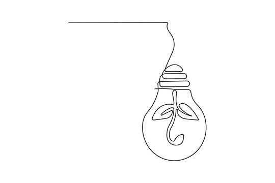 Light bulb with growing plant sprout in continuous line art drawingLight bulb with growing plant sprout in continuous line art drawing
