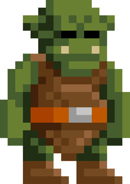 An orc, ork or troll ogre warrior fantasy cartoon character in a video game sprite pixel art style. 17 squares wide by 24 high.