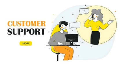 Naklejka premium Customer Support Service Concept with Call Center Agent, Online Help Desk, Technical Support and Client Communication Flat Vector Illustration