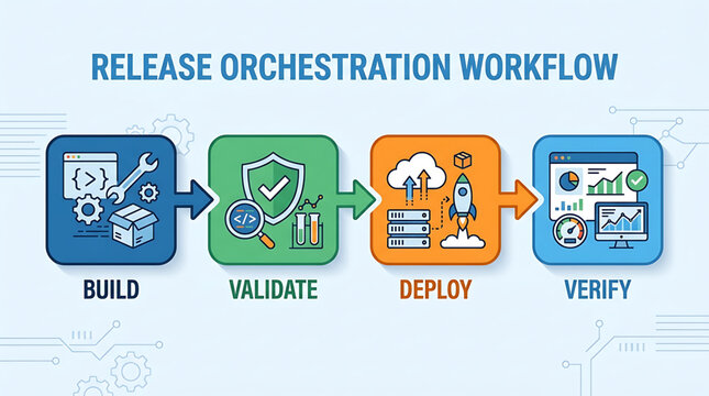 A workflow diagram illustrates the sequential steps of build, validate, deploy, and verify in a release orchestration process.