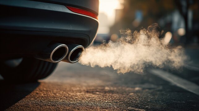 Stunning photo of closeup car exhaust pipe with visible CO2 smoke billowing out. Carbon emissions and global warming. Environmental problem with diesel and fossil fuels burning.