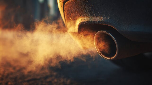 Stunning photo of closeup car exhaust pipe with visible CO2 smoke billowing out. Carbon emissions and global warming. Environmental problem with diesel and fossil fuels burning.