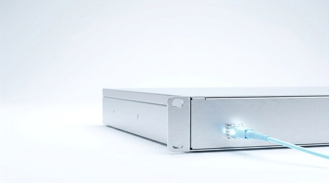 Modern silver rack mount network switch server with glowing blue cable connection on clean white background for cloud computing