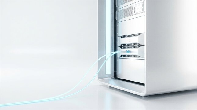 Clean minimalist white workstation server tower with glowing blue fiber optic cable connection in bright high tech environment