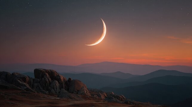 Stunning photo of crescent Moon at Sunset on Stone: Ramadan Prayer Meditation.