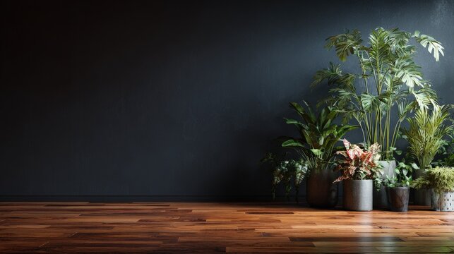 Stunning photo of dark room with plants and a black background wall mockup.