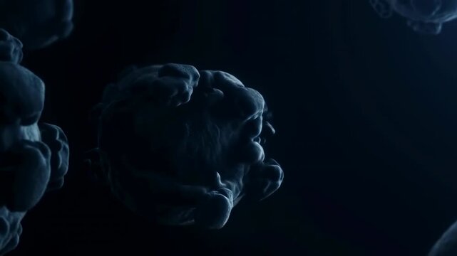 Clustered biological spheres rotating in dark space with textured membranes, rounded nodules, faint warm glow, cool rim light, and overlapping profiles, with cell, virus, particle, sphere detail
