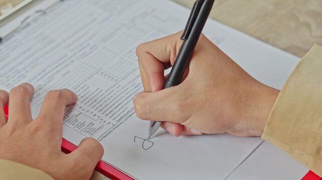 Close up of person signing official document on red clipboard with black pen