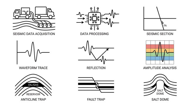 Seismic data acquisition and processing reveals subsurface structures like anticline trap, fault trap, and salt dome in geological survey.