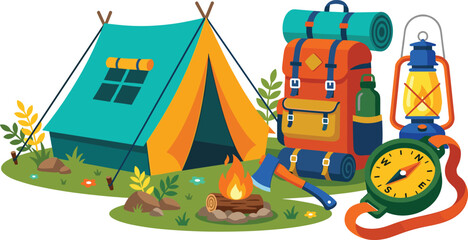 Fototapeta premium Outdoor Camping Equipment Vector Illustration with Tourist Tent, Hiking Backpack, Campfire, Lantern, and Navigation Compass for Adventure Travel and Tourism Designs