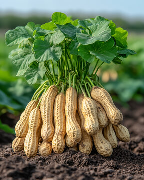 Close-up of freshly harvested peanut plants with roots and pods fully visible above rich dark soil, vibrant green leaves, natural outdoor farm, soft morning sunlight