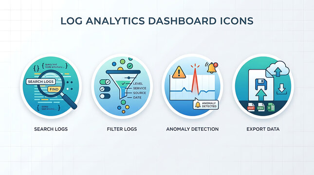 Analytics dashboard icons display search, filter, anomaly detection, and export data functions