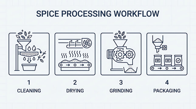 Spice processing workflow stages shown in four illustrations