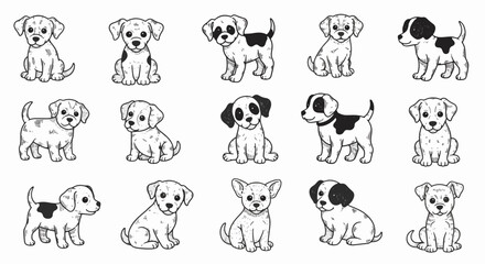 Fototapeta premium Hand-drawn black and white vector-style doodle collection of fifteen various puppy breeds in sitting and standing poses, featuring cute canine sketches with clean outlines and spots.