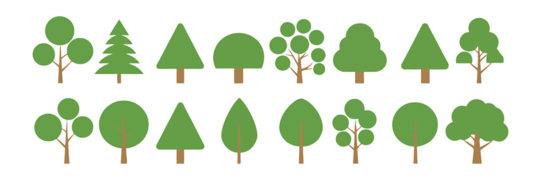 Flat green tree collection representing abstract forest plants ecosystem landscape and environmental symbols for vector graphics