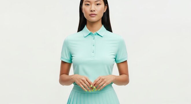 Woman in teal polo shirt and skirt studio shot on a neutral background