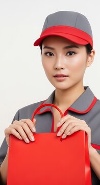 Woman in uniform holding a red bag looking at the camera studio shot