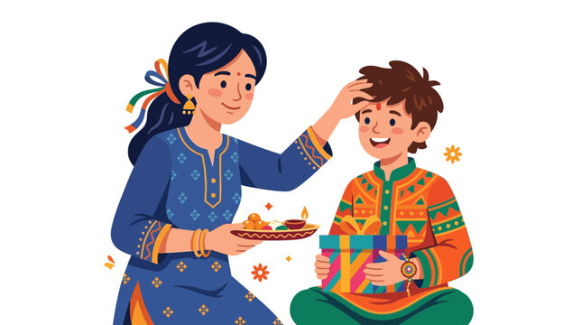 Sister applying tilak to brother's forehead, Raksha Bandhan celebration, gift box