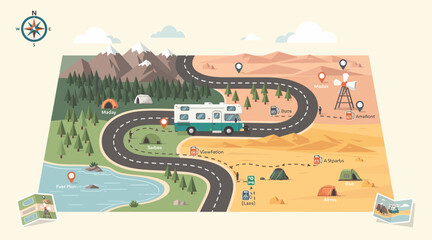 Naklejka premium RV Road Trip Map: Mountains, Desert, Lake, Camping, Adventure