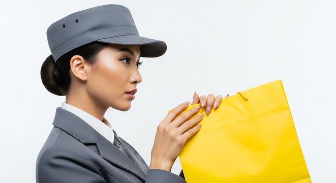 Woman in uniform holds yellow bag against white background